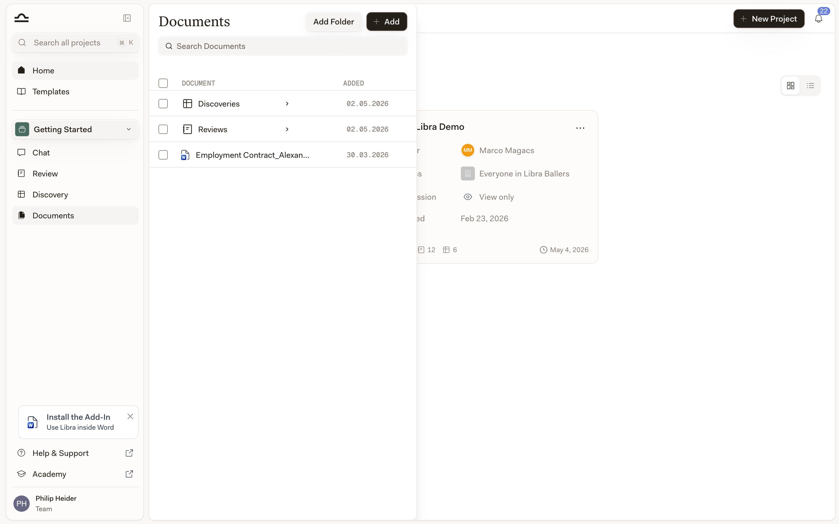 The Project files panel in a Libra project