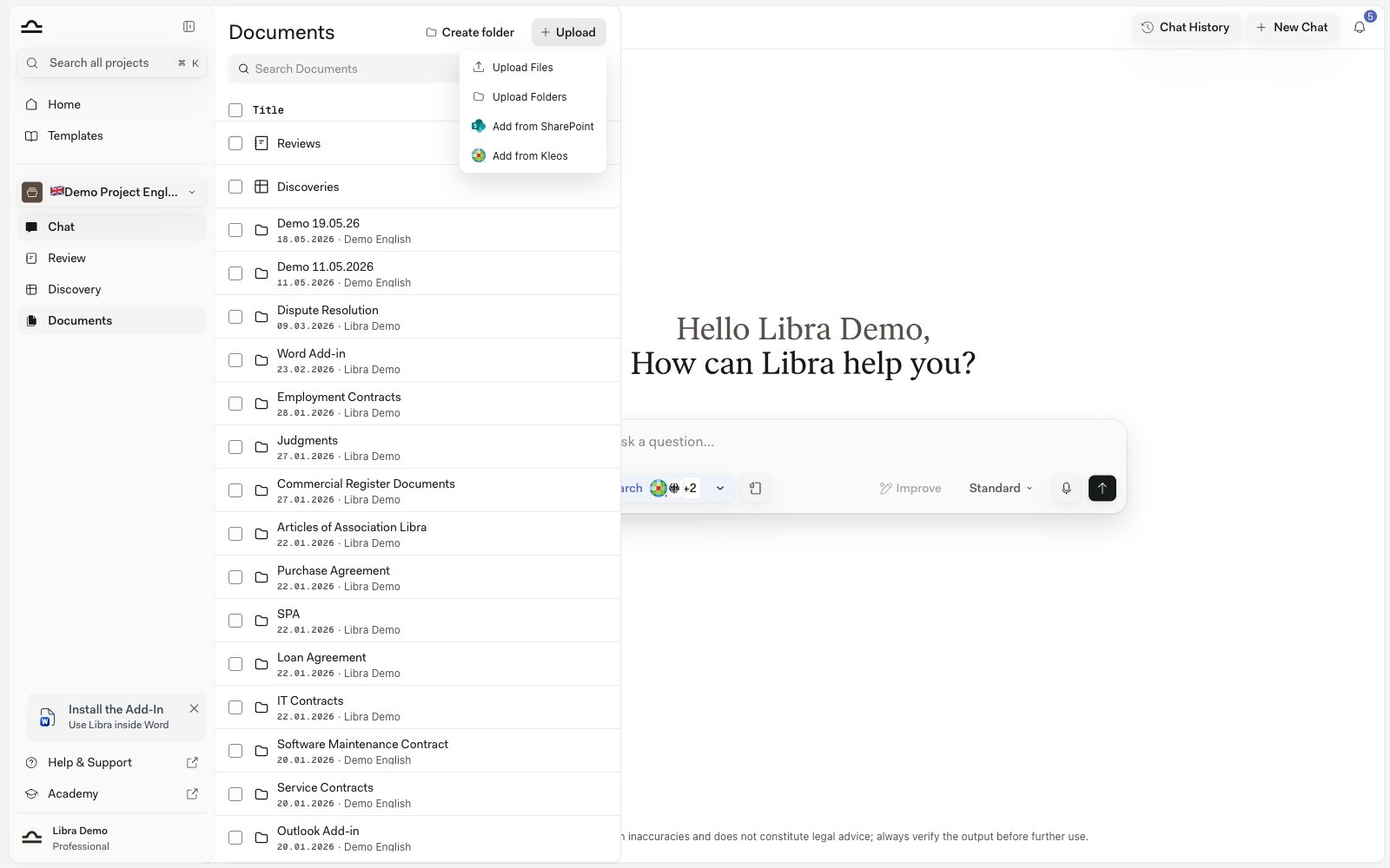 The Upload menu open in the file panel, listing Upload Files, Upload Folders, Add from SharePoint and Add from Kleos