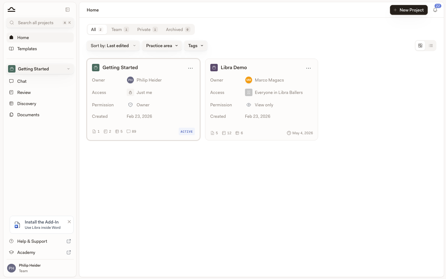 Home page with the Practice area and Tags filters above the project list