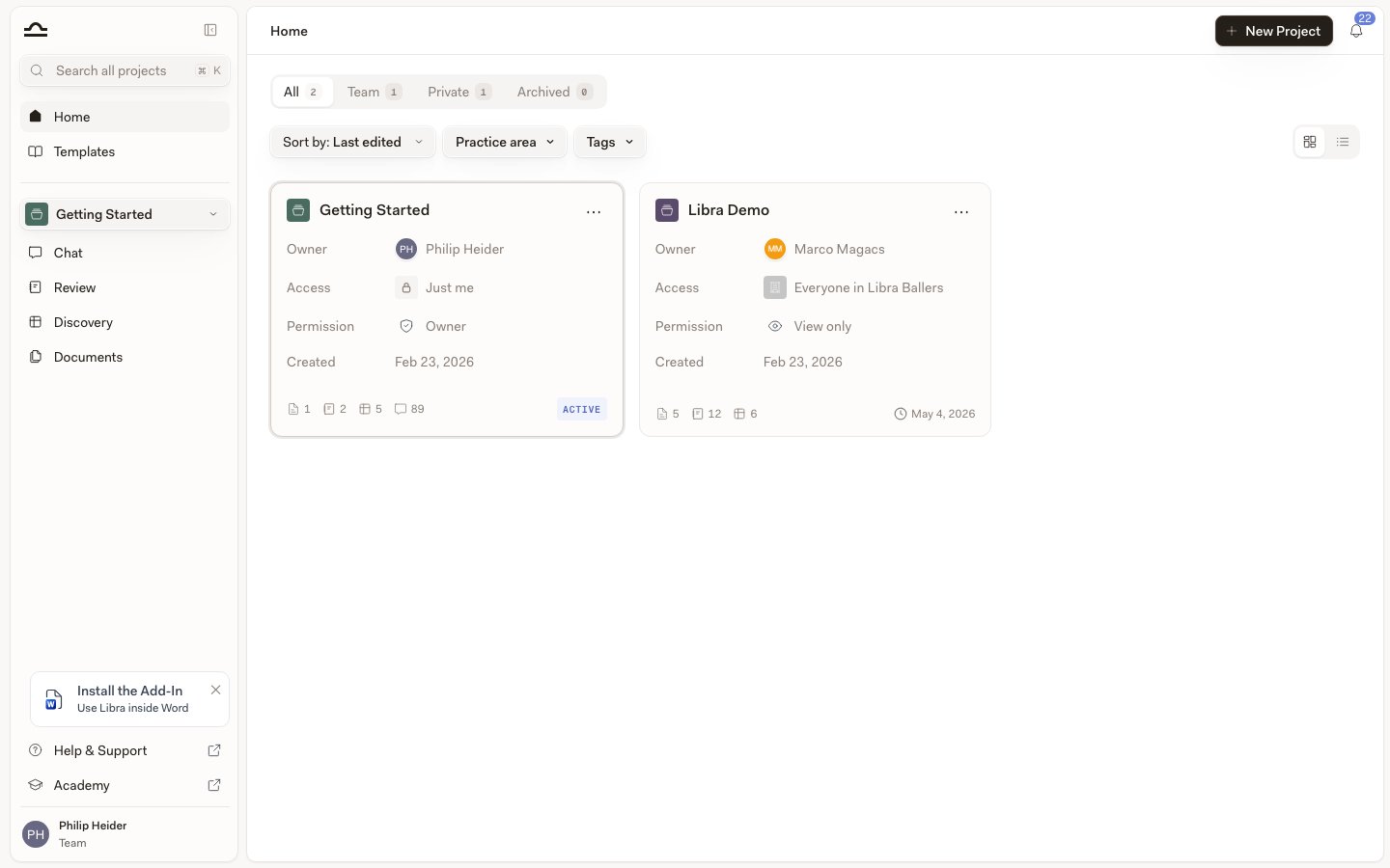 Home page with the Practice area and Tags filters above the project list