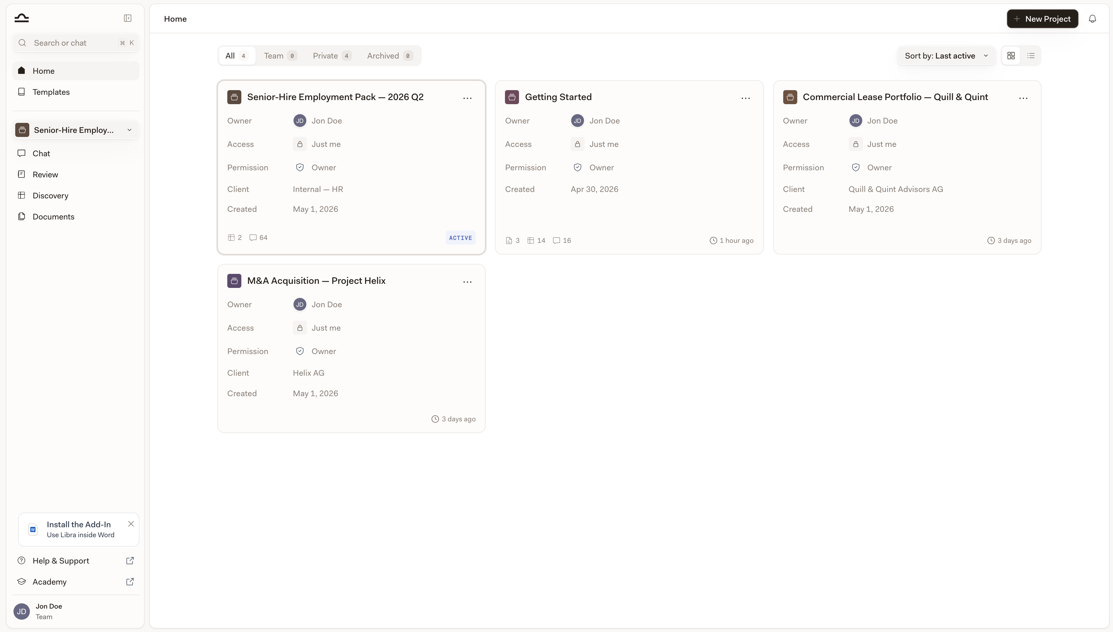 Home page showing the project list