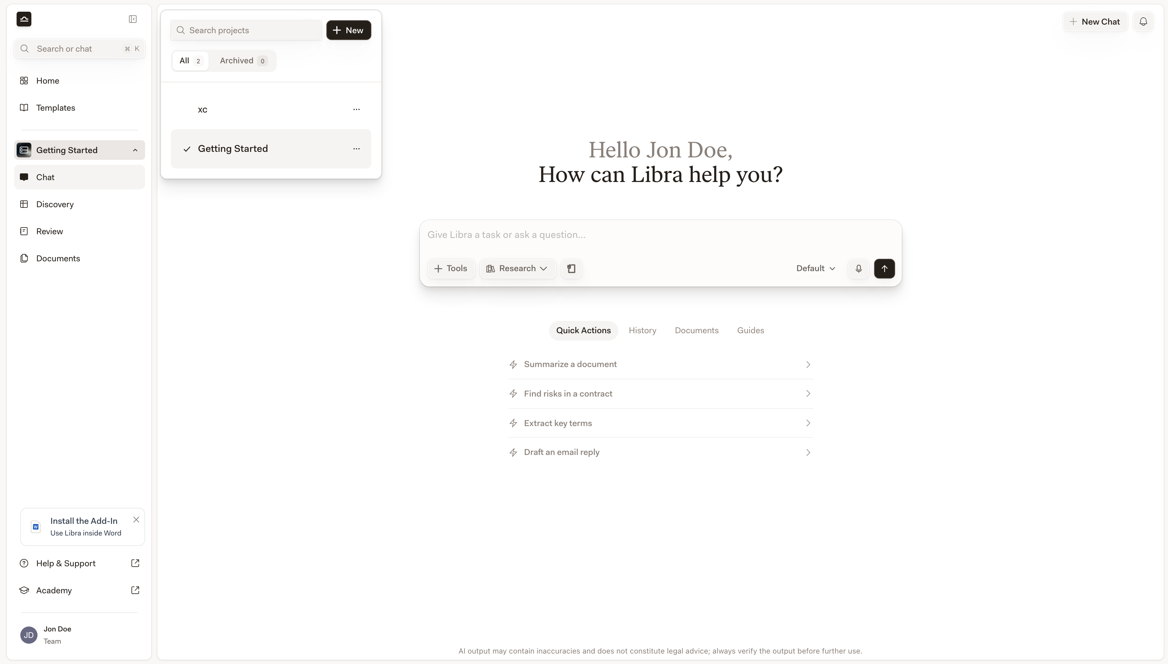 The Projects panel open beside the sidebar, listing the projects you can open
