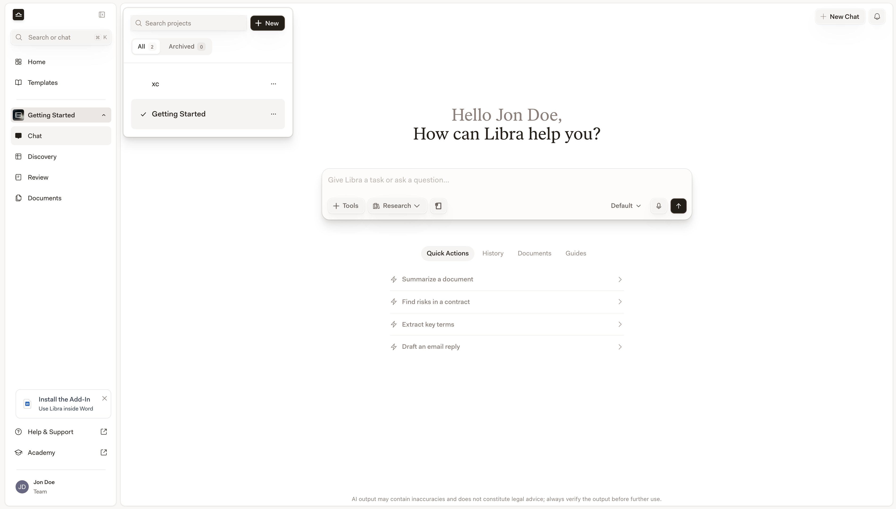 The Projects panel open beside the sidebar, listing the projects you can open
