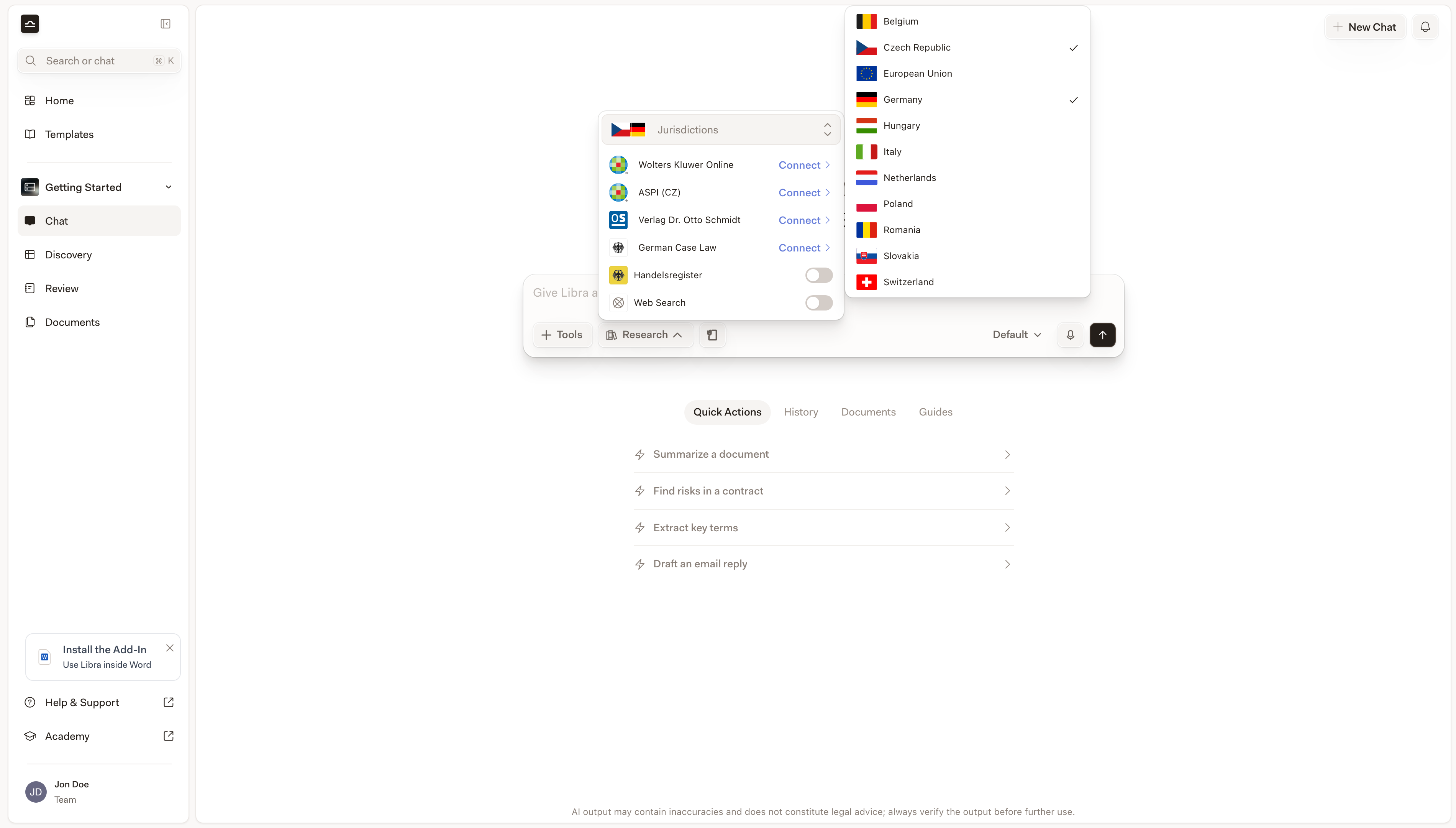 Geöffnetes Rechtsordnungen-Dropdown oben im Recherche-Panel
