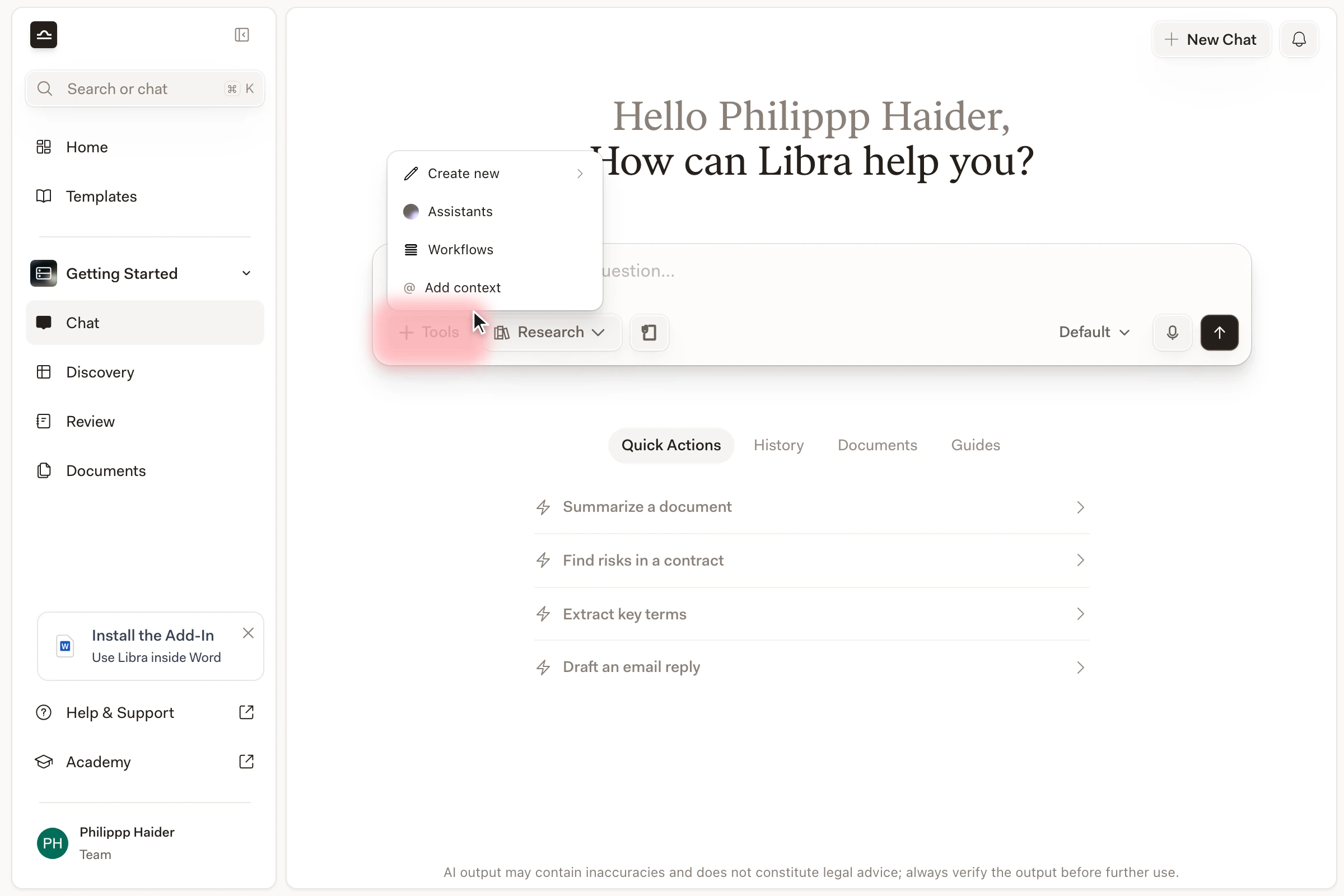 Menu a discesa Strumenti con Assistants, Workflows, Aggiungi contesto e Crea nuovo