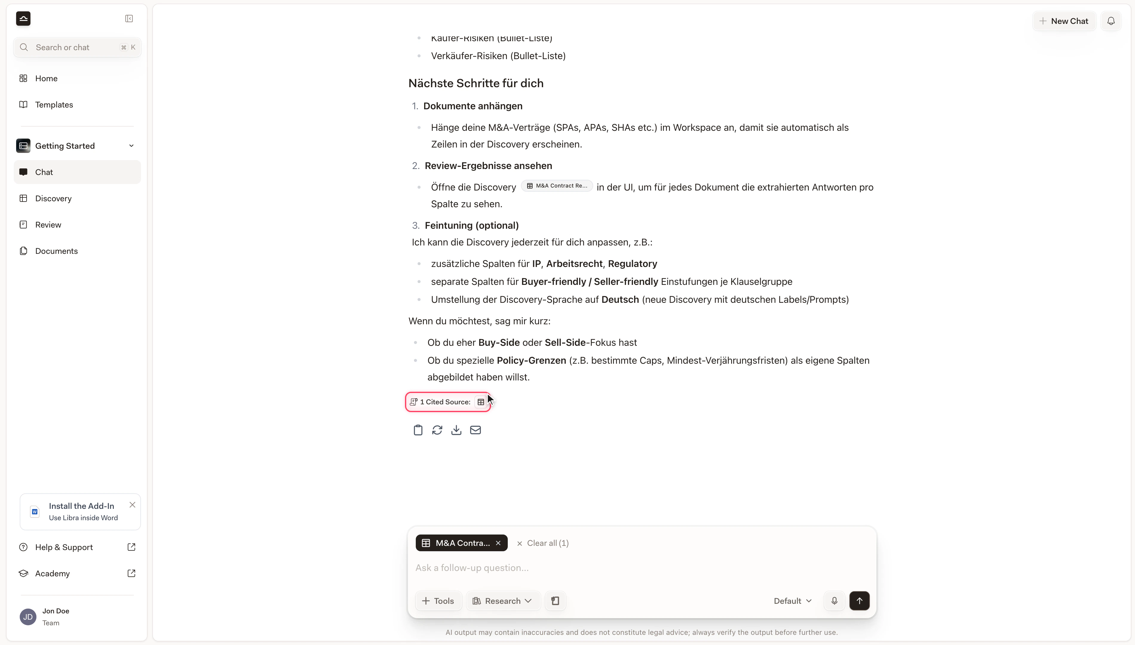 Risposta della Chat con la pillola Fonti citate evidenziata
