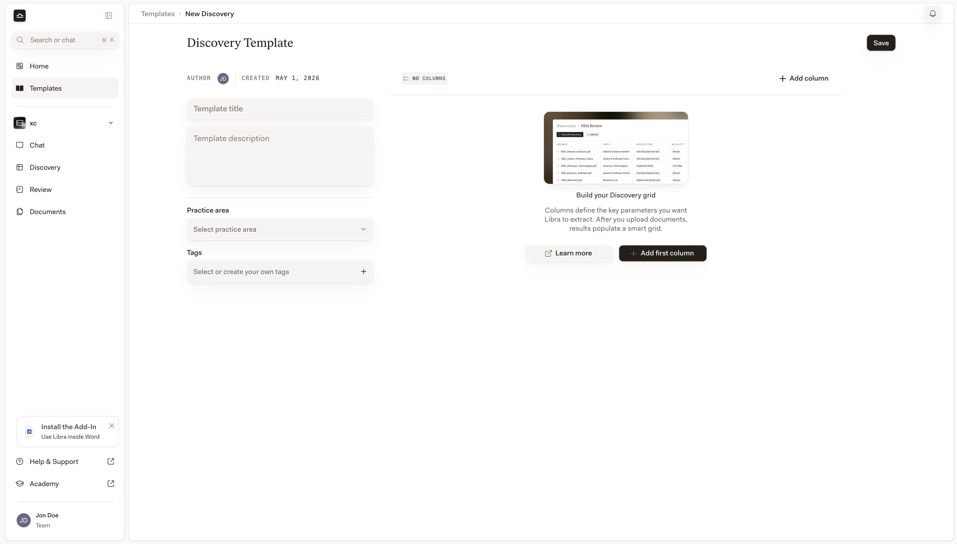 Editor di modello Discovery vuoto con nome, descrizione e area colonne