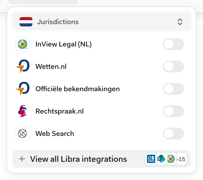Panel Rešerše s vybraným Nizozemskem v části Jurisdikce, se seznamem InView Legal (NL), Wetten.nl, Officiële bekendmakingen, Rechtspraak.nl a Webové vyhledávání, každý s vypnutým přepínačem
