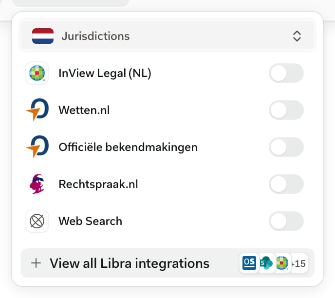 Panel Rešerše s vybraným Nizozemskem v části Jurisdikce, se seznamem InView Legal (NL), Wetten.nl, Officiële bekendmakingen, Rechtspraak.nl a Webové vyhledávání, každý s vypnutým přepínačem