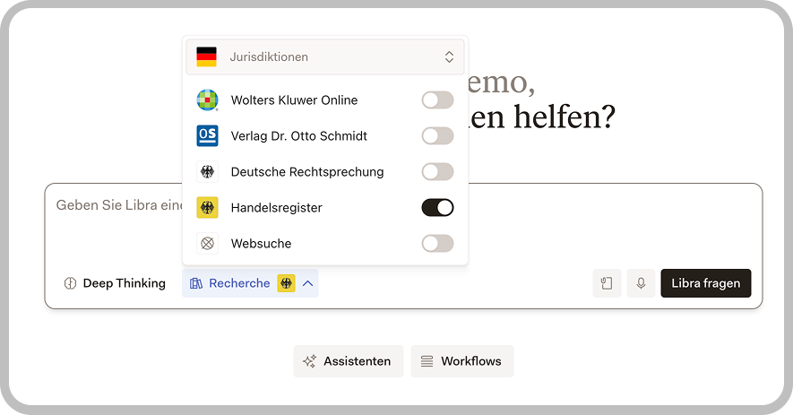 Research Mode interface showing Handelsregister selected as a data source for German company research