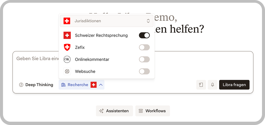 Research Mode interface showing Schweizer Rechtsprechung selected as a data source for Swiss court decisions