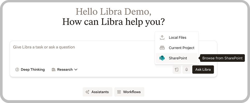 SharePoint integration settings in Libra showing connection options