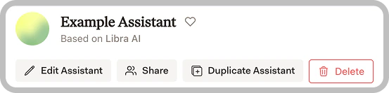 Assistant detail view showing Edit Assistant, Share, Duplicate Assistant, and Delete buttons