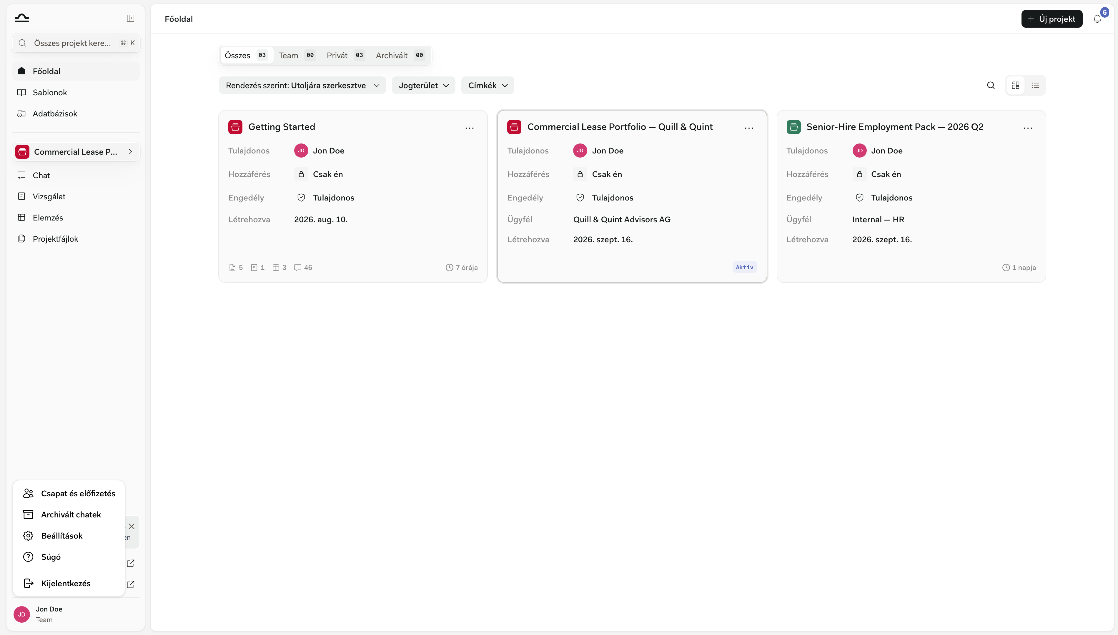 Az oldalsáv alján lévő profilmenü, amely a Team & Subscription, Archived Chats, Settings, Help és Sign Out elemeket mutatja