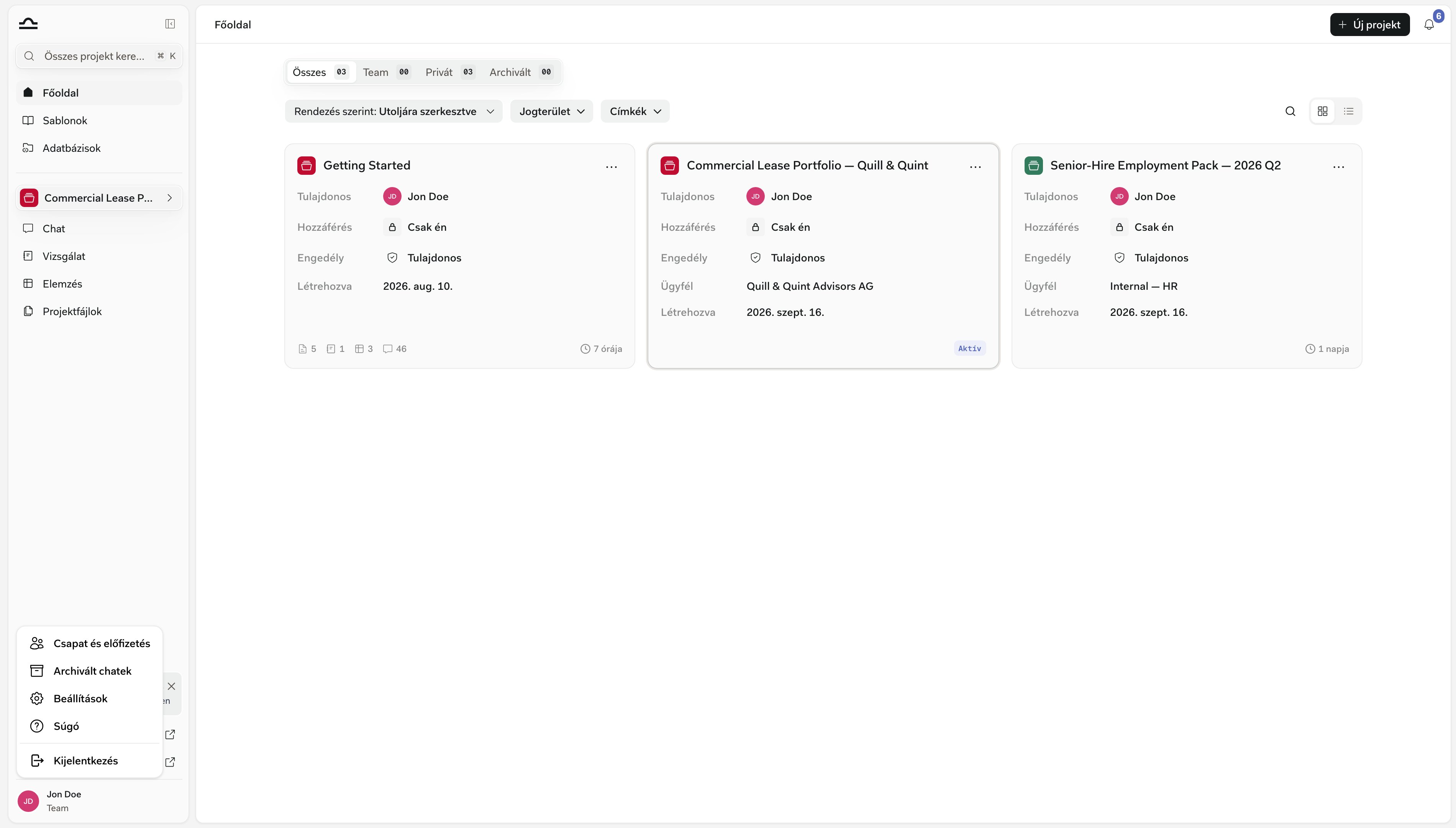 Az oldalsáv alján lévő profilmenü, amely a Team & Subscription, Archived Chats, Settings, Help és Sign Out elemeket mutatja