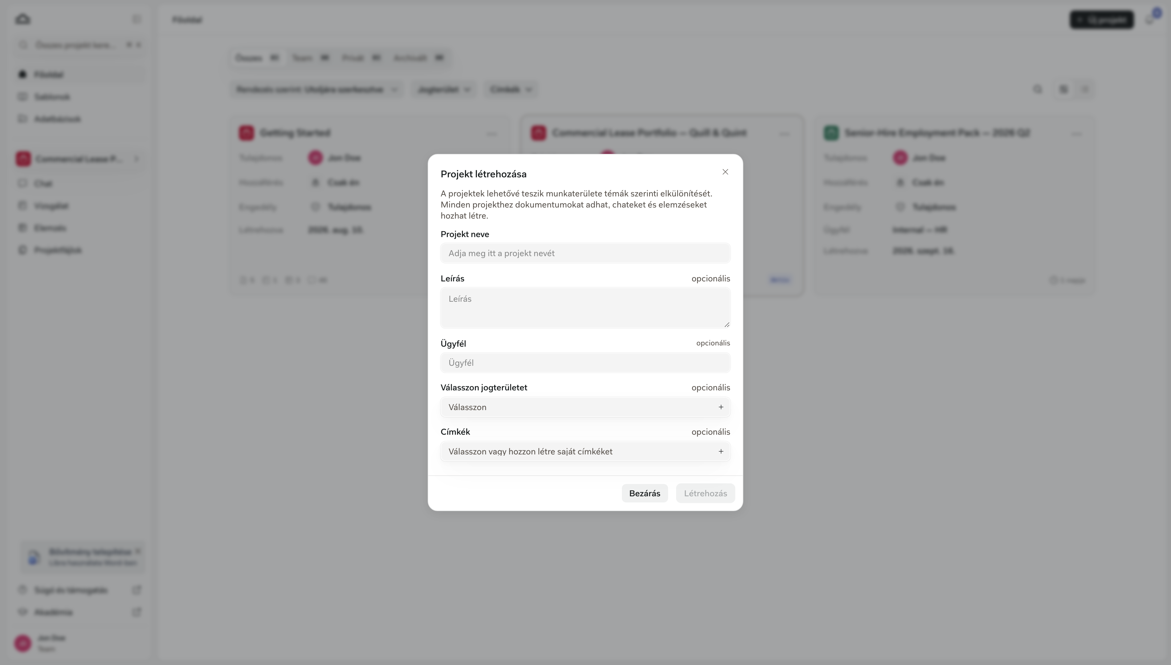 A Projekt létrehozása párbeszédablak kitöltött projektnévvel