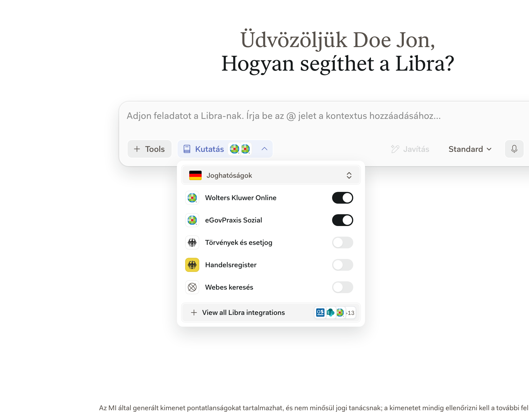 A szerkesztőben megnyitott Kutatás panel, a Wolters Kluwer Online sorral és kapcsolójával a többi német és svájci forrás felett