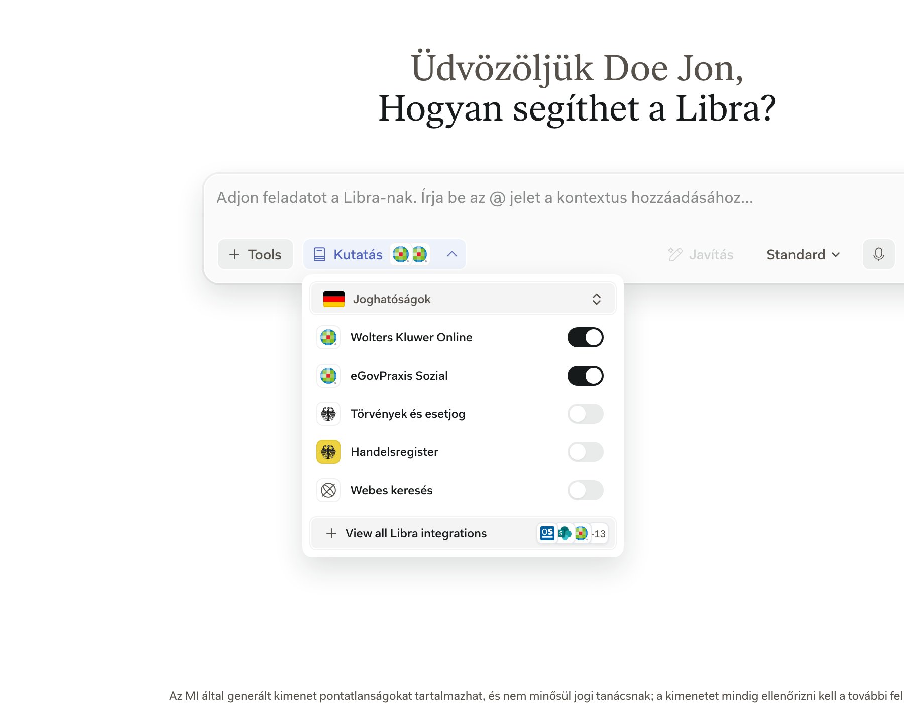 A szerkesztőben megnyitott Kutatás panel, a Wolters Kluwer Online sorral és kapcsolójával a többi német és svájci forrás felett