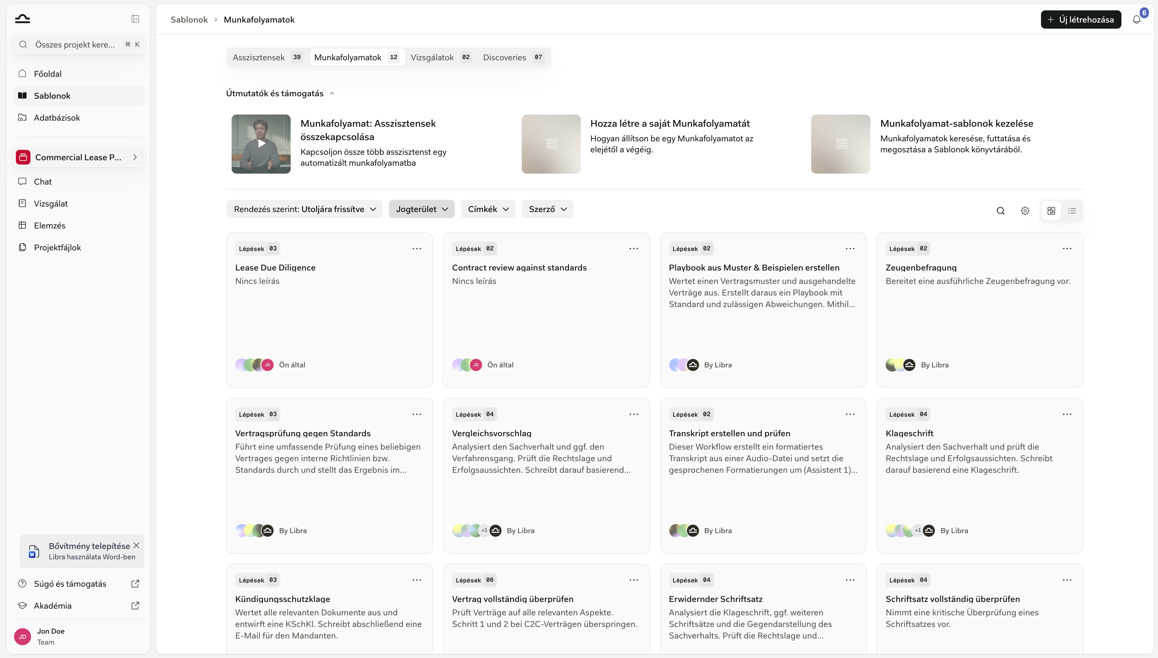 A Sablonok könyvtár a Workflows lapon megnyitva, a Workflow-kártyákkal és lépésszámukkal, valamint a jobb felső sarokban az Új létrehozása gombbal