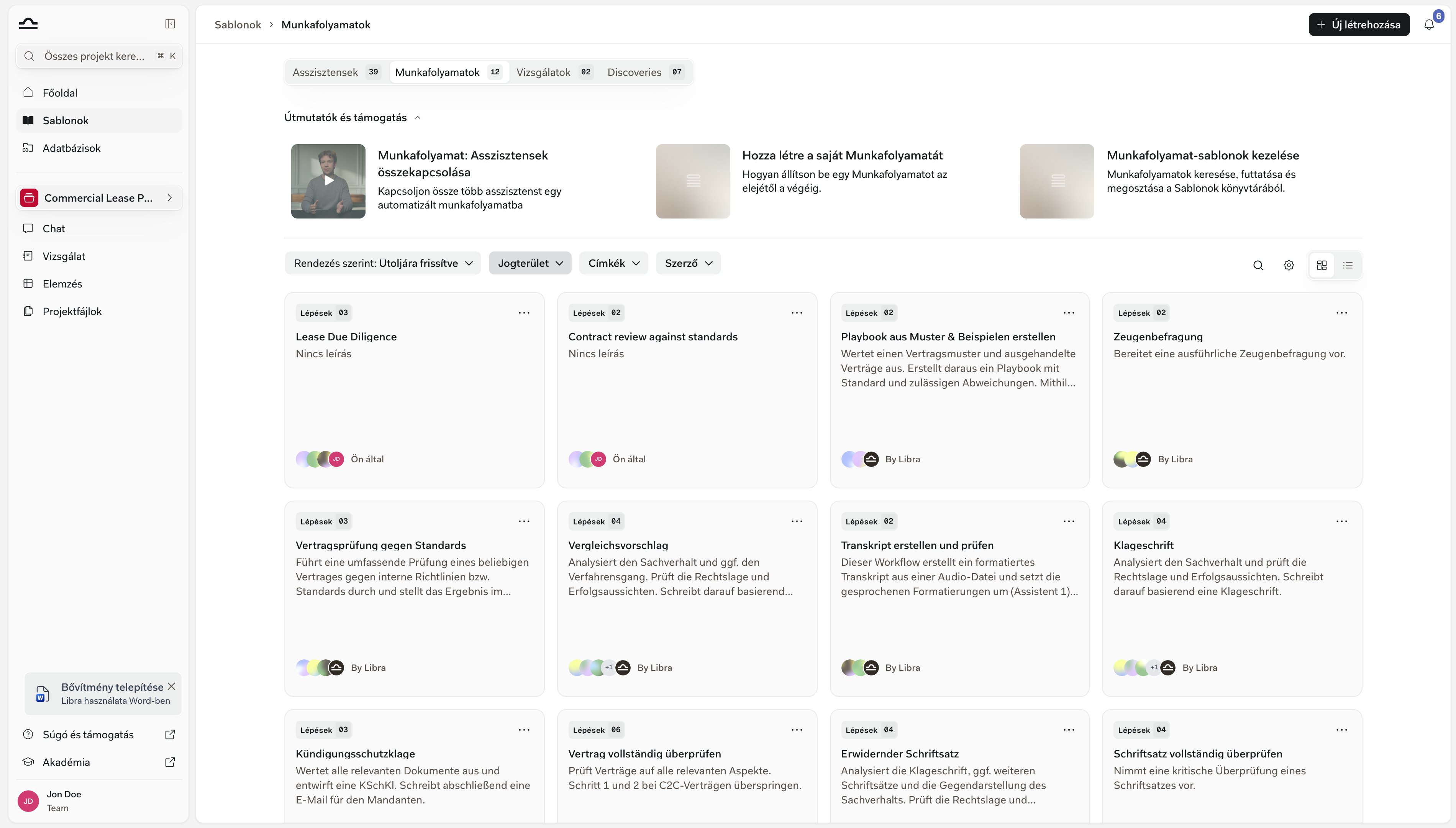 A Sablonok könyvtár a Workflows lapon megnyitva, a Workflow-kártyákkal és lépésszámukkal, valamint a jobb felső sarokban az Új létrehozása gombbal