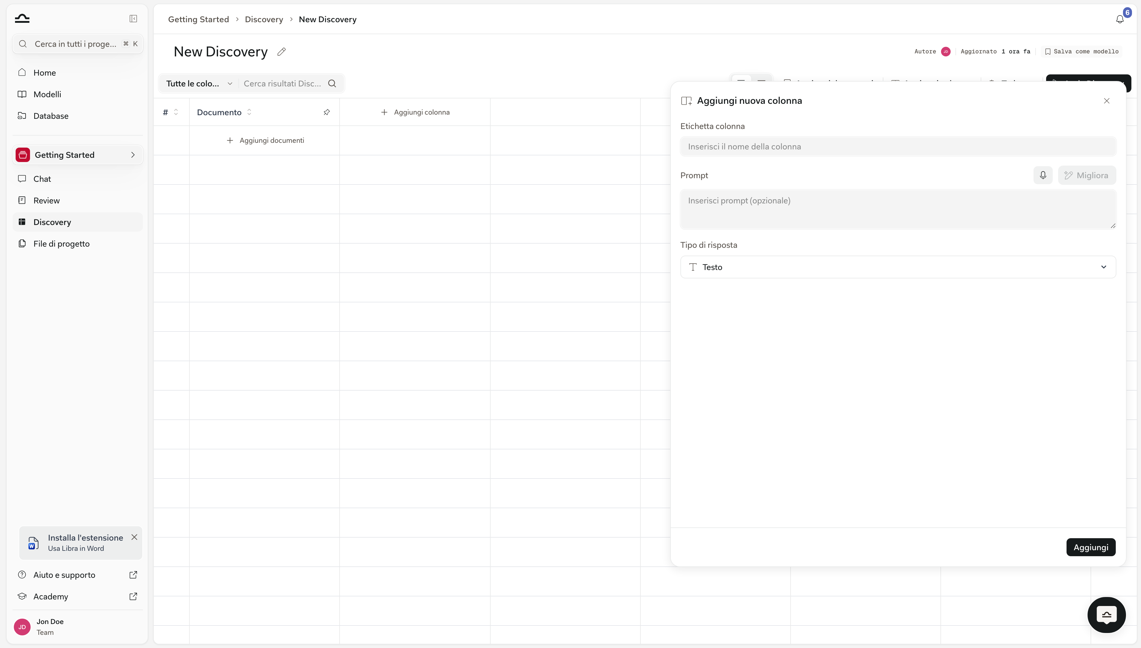Pannello Add New Column con i campi Column Label, Prompt e Answer Type