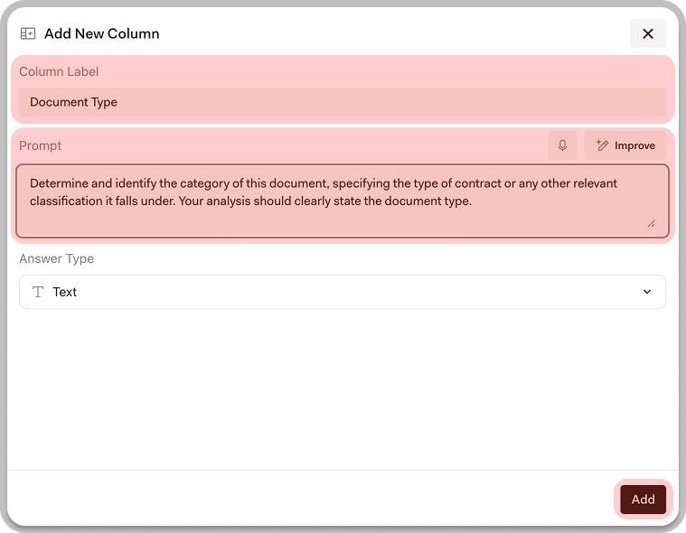 Add New Column dialog with Column Label, Prompt, and Answer Type fields