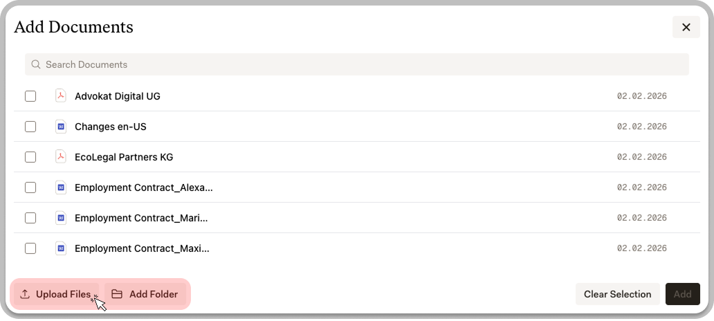 Add Documents dialog showing file browser with Upload Files and Add Folder buttons