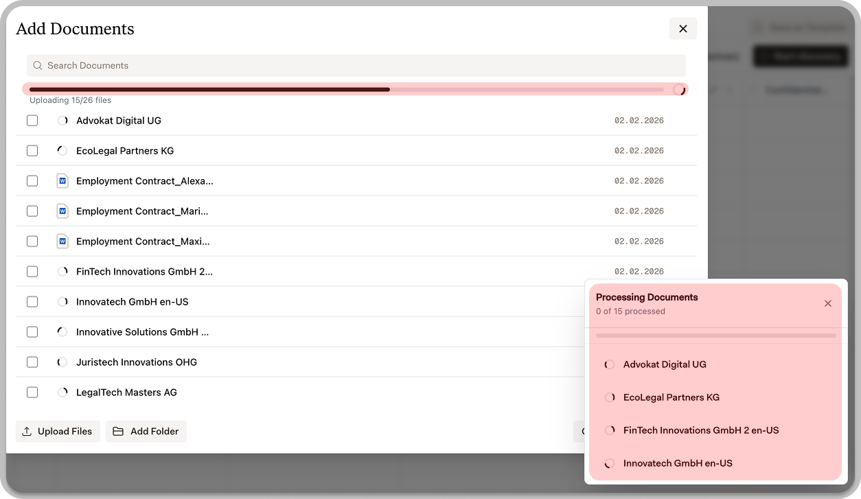 Document processing progress showing files being uploaded