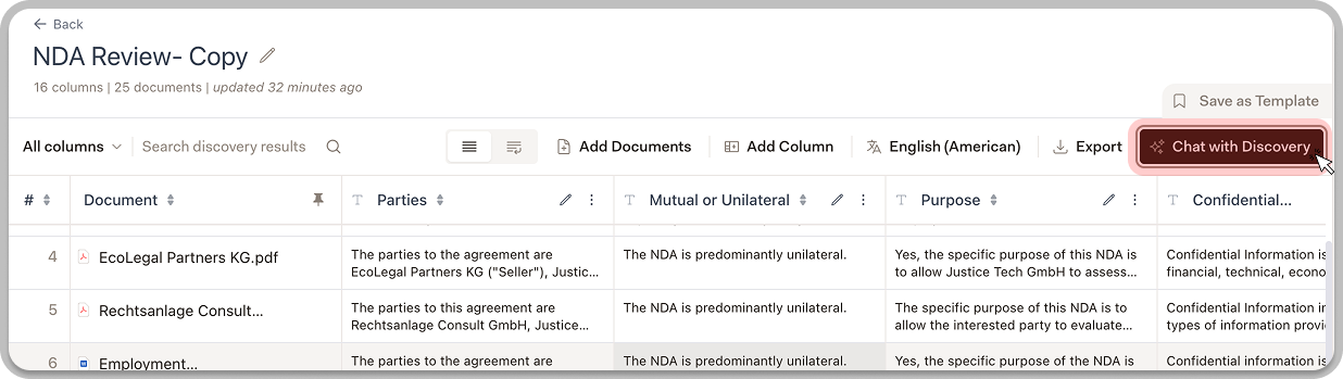 Chat with Discovery interface showing follow-up conversation about extracted data