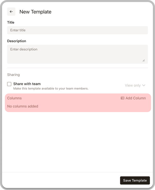 New Template form with Columns section highlighted