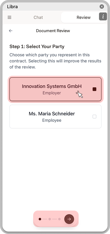 Step 1 showing party selection with Employer and Employee options