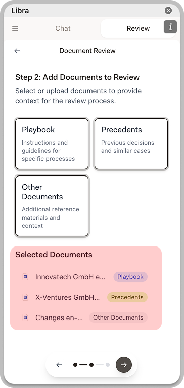 Step 2 showing selected documents with category tags