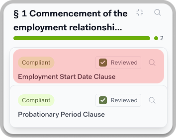 Clause results showing compliance tags and reviewed checkboxes