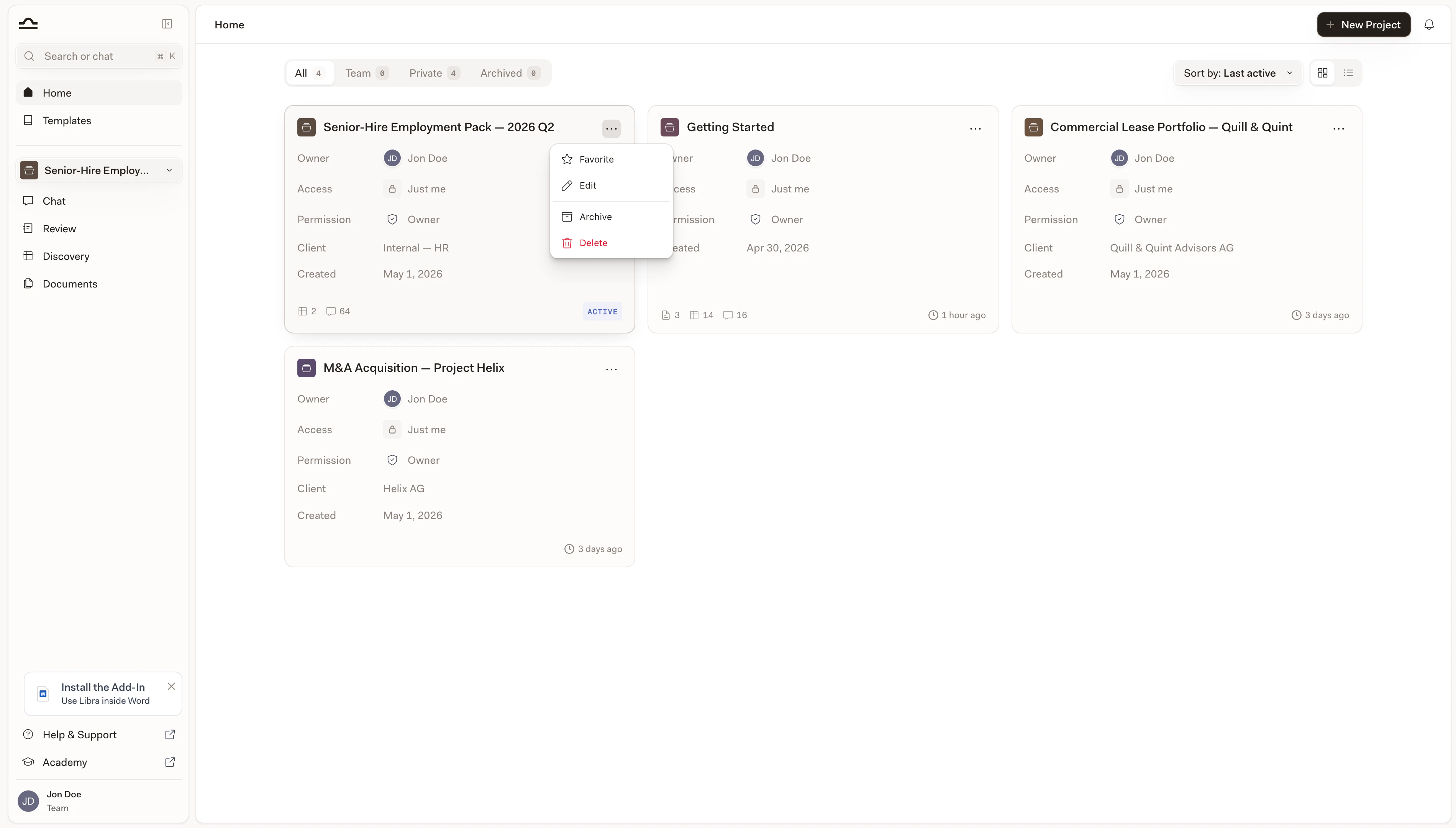 Scheda progetto con icona a stella e menu a tre punti