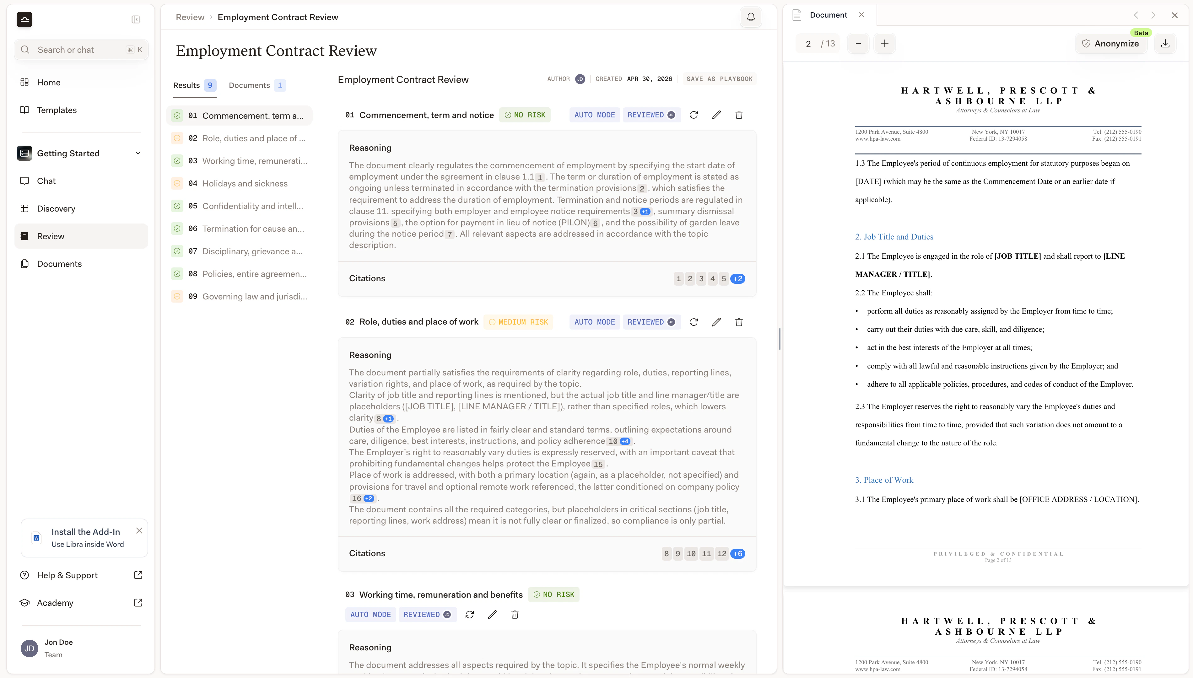 Review con citazione selezionata, passaggio citato evidenziato nel visualizzatore di documenti