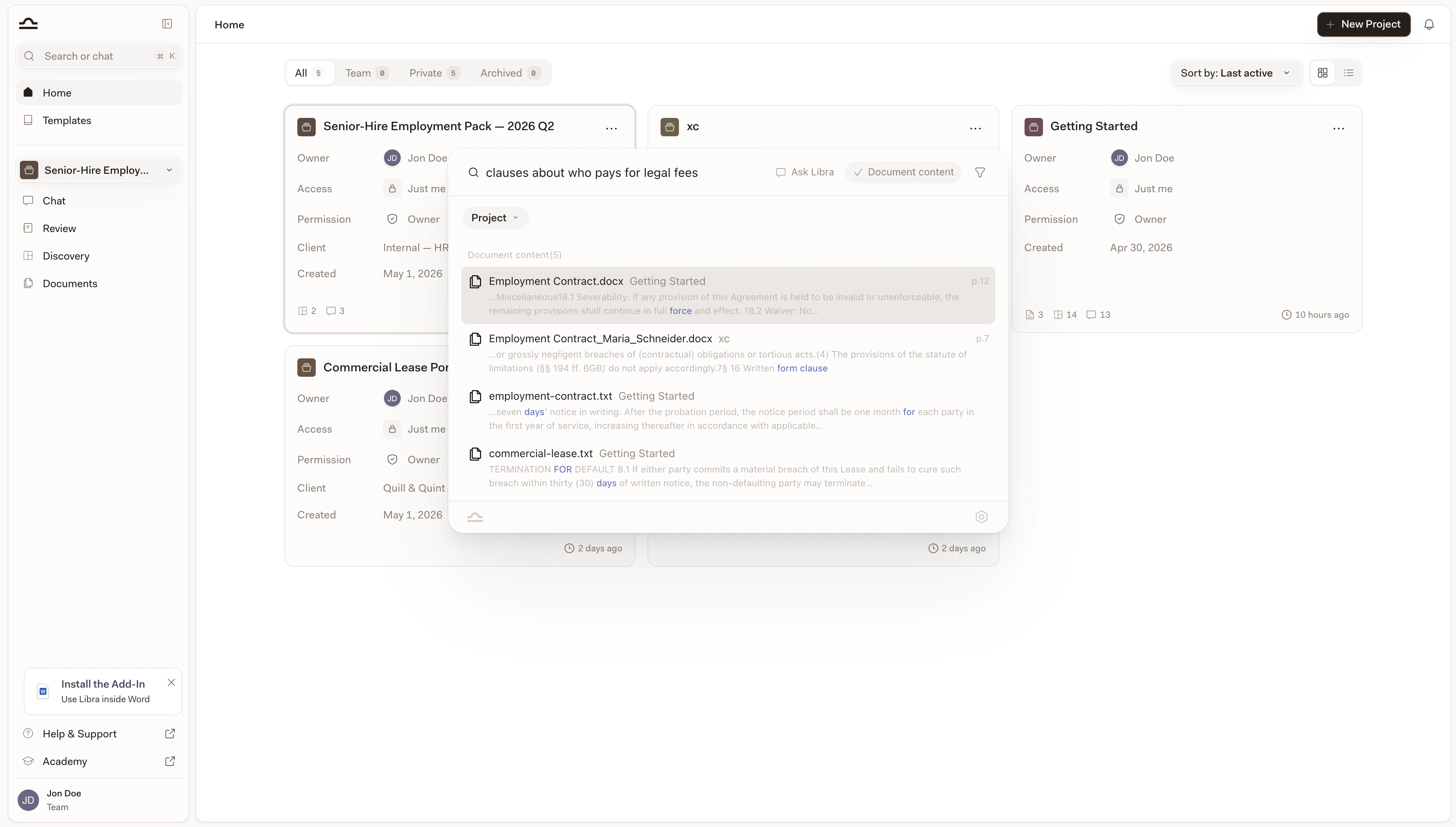 Risultati della modalità Contenuto documento: snippet semantici con etichette di pagina e punteggi di rilevanza