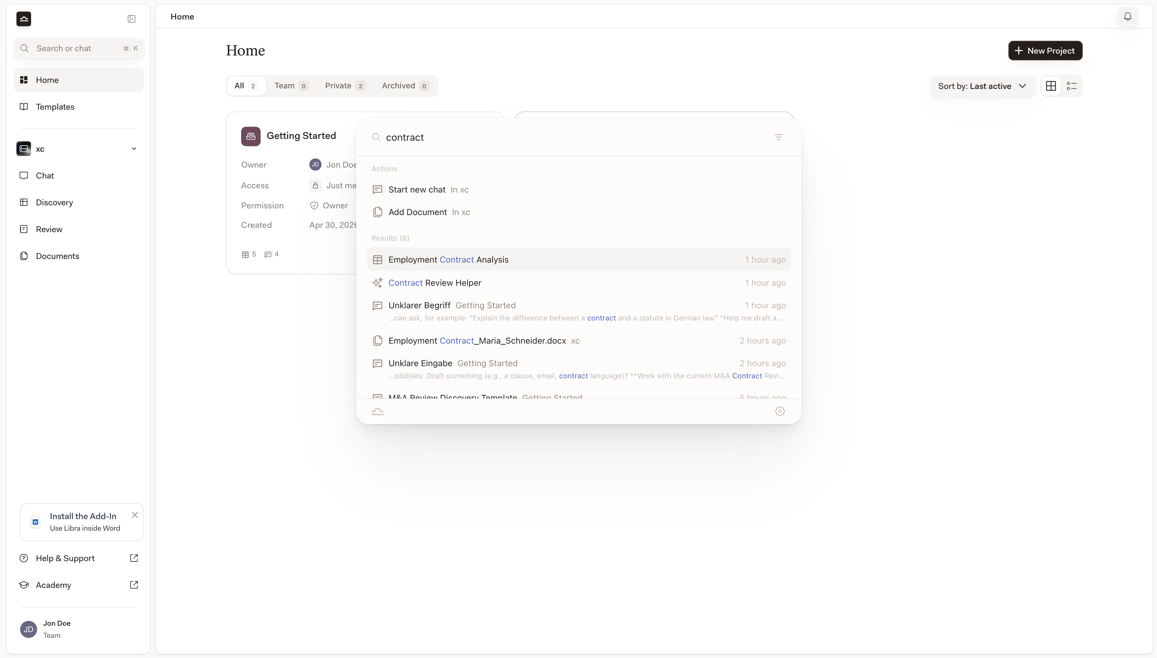 Risultati di ricerca raggruppati per tipo, con Chat, documenti e Discovery visibili