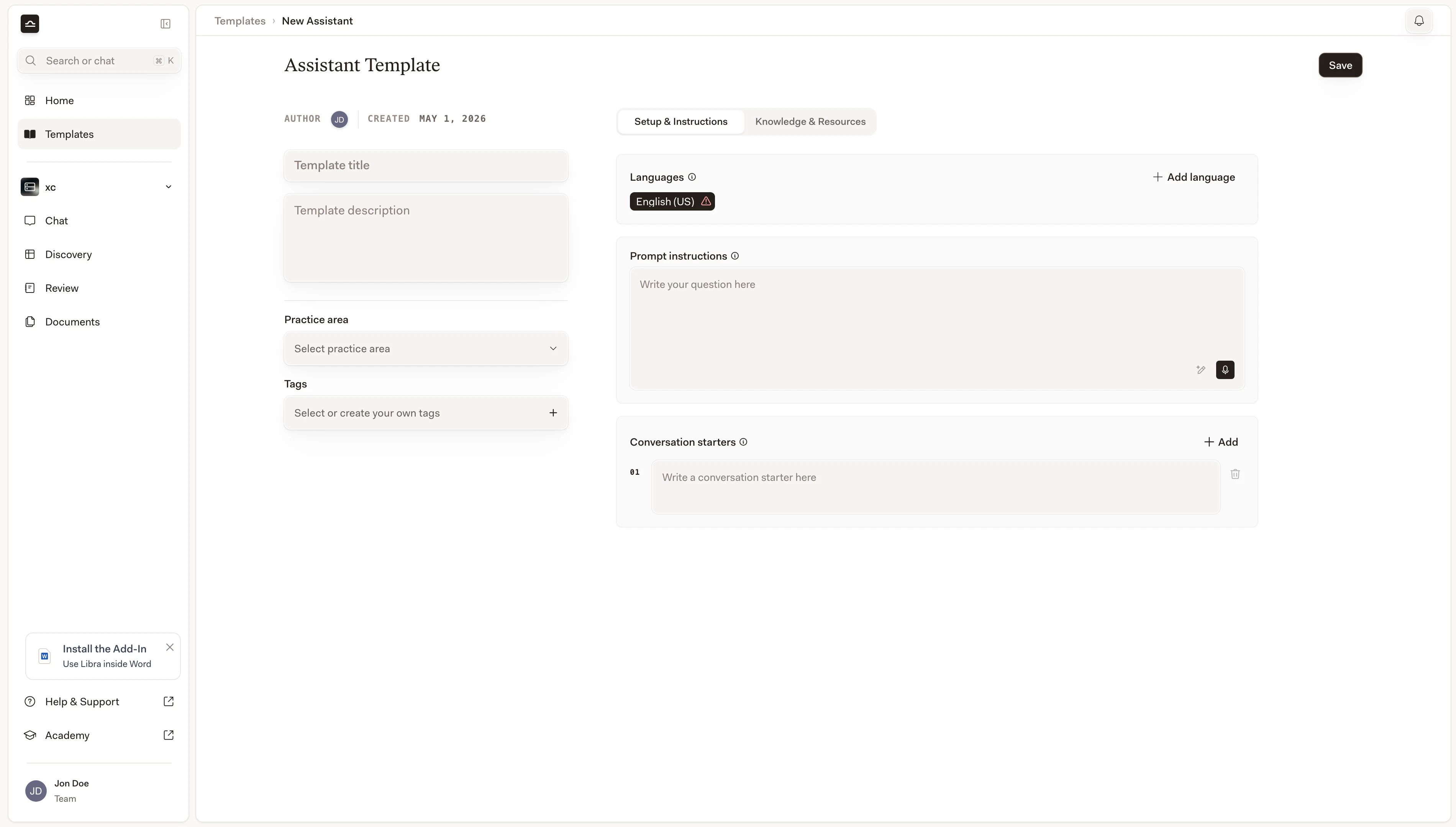 Selettore dell'area di pratica e editor di tag personalizzati per il modello