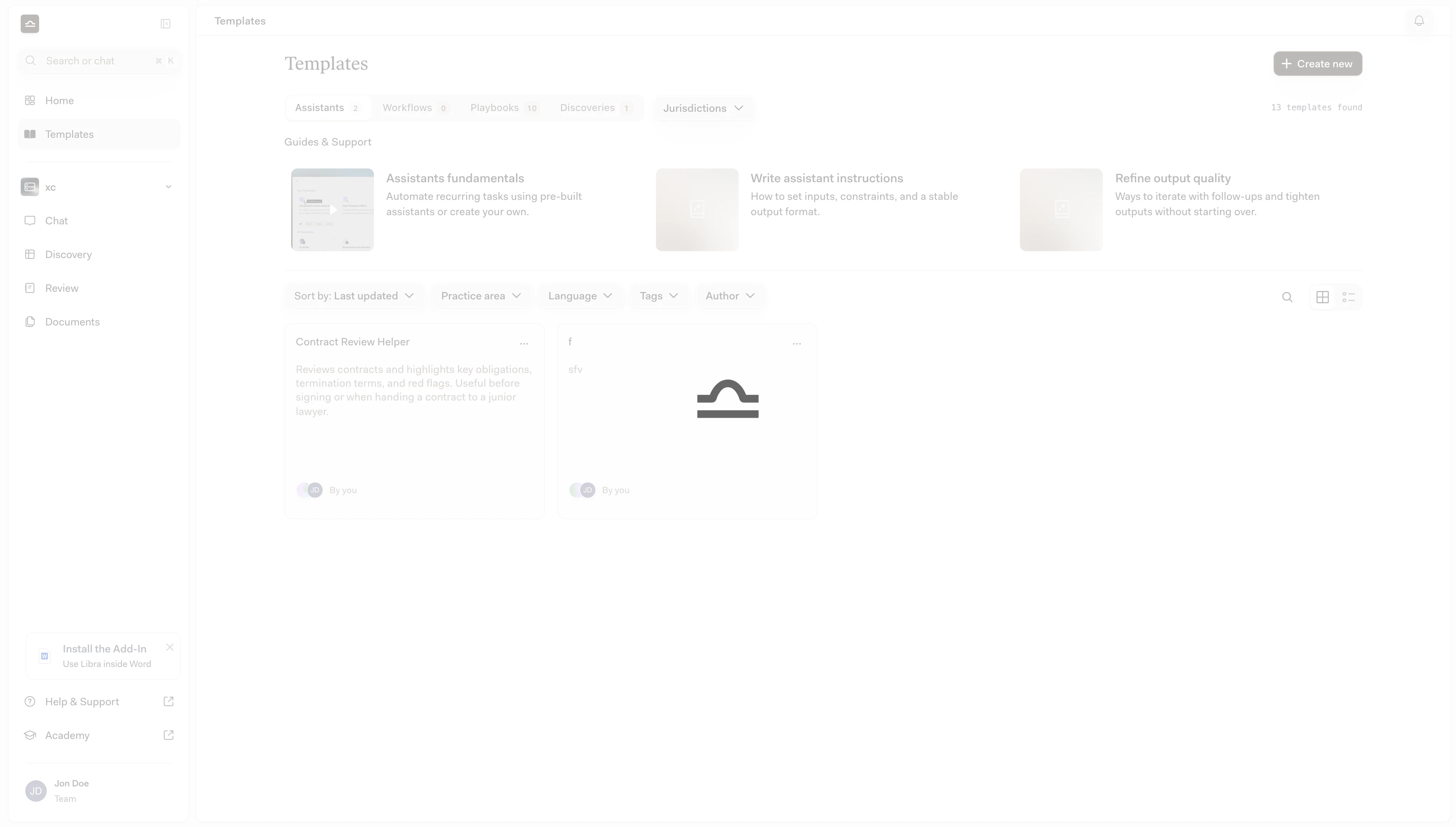 Templates library with the saved Assistant visible