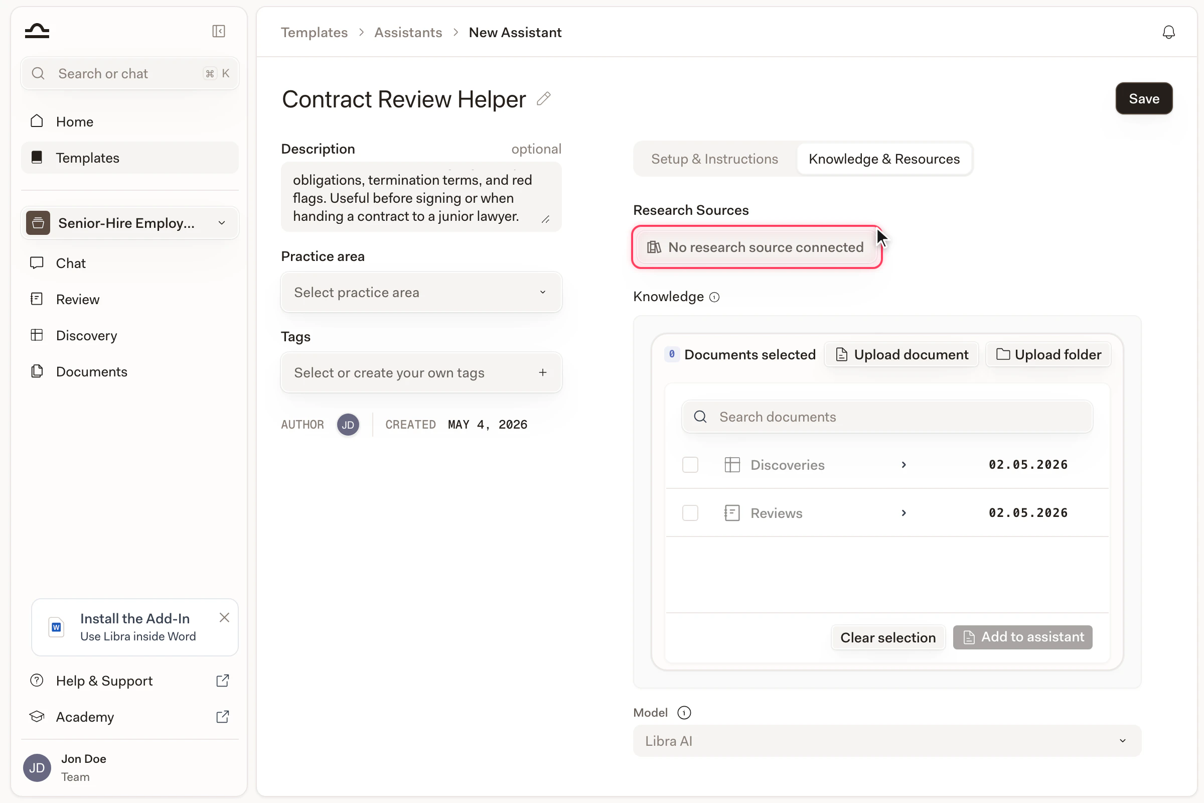 Research Sources picker in its default 'No research source connected' state