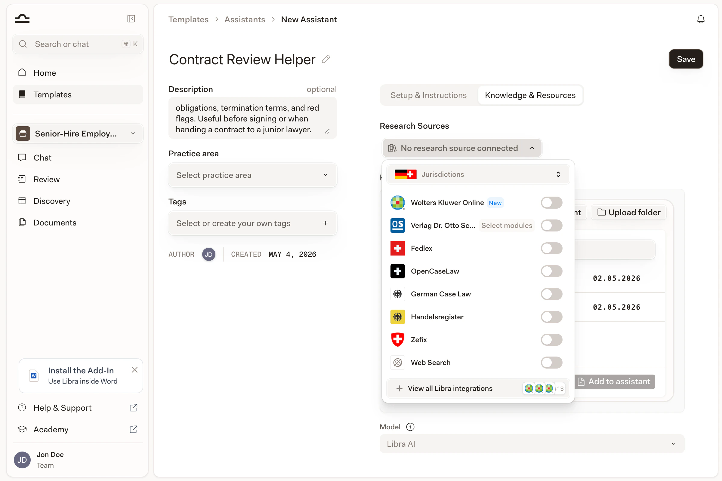 Research Sources picker open with the German jurisdiction selected