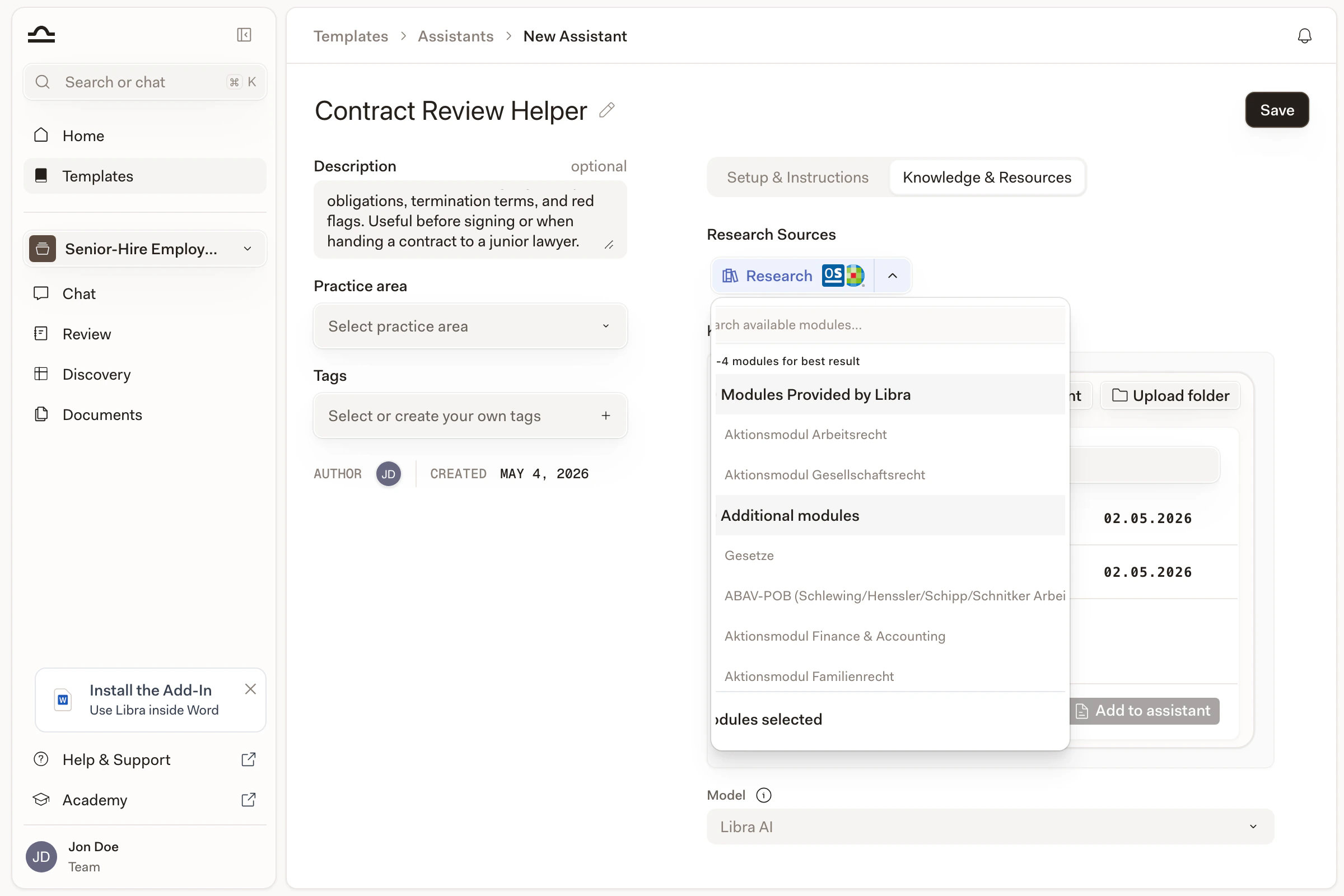 Research Sources picker with two sources toggled on