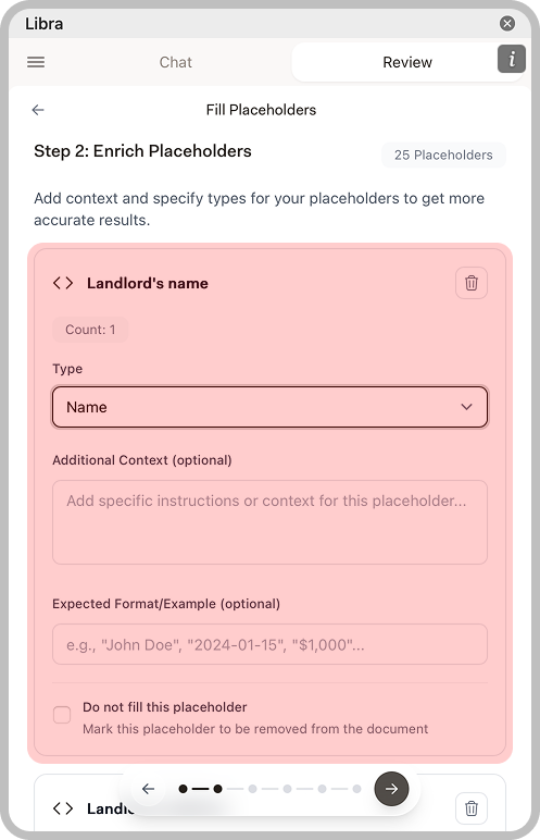 Step 2 showing placeholder enrichment with type and context options