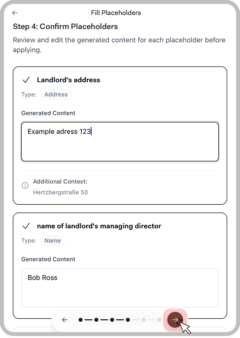 Step 4 showing generated values for review