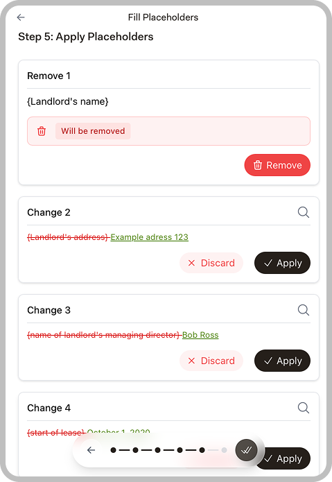 Step 5 showing Apply, Discard, and Remove options for each change