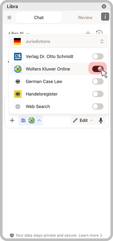 Research sources panel showing database toggles