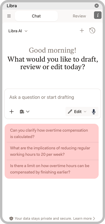 Chat showing suggested questions based on document content
