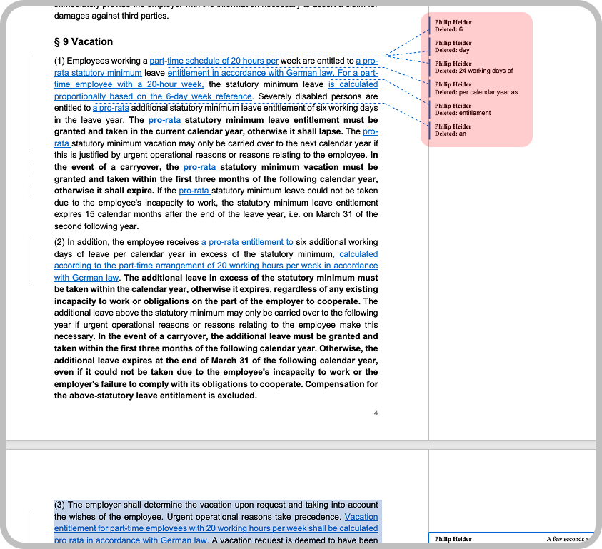 Word document showing applied changes with Track Changes markup