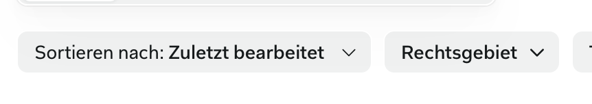 Startseite mit den Filtern Rechtsgebiet und Tags über der Projektliste