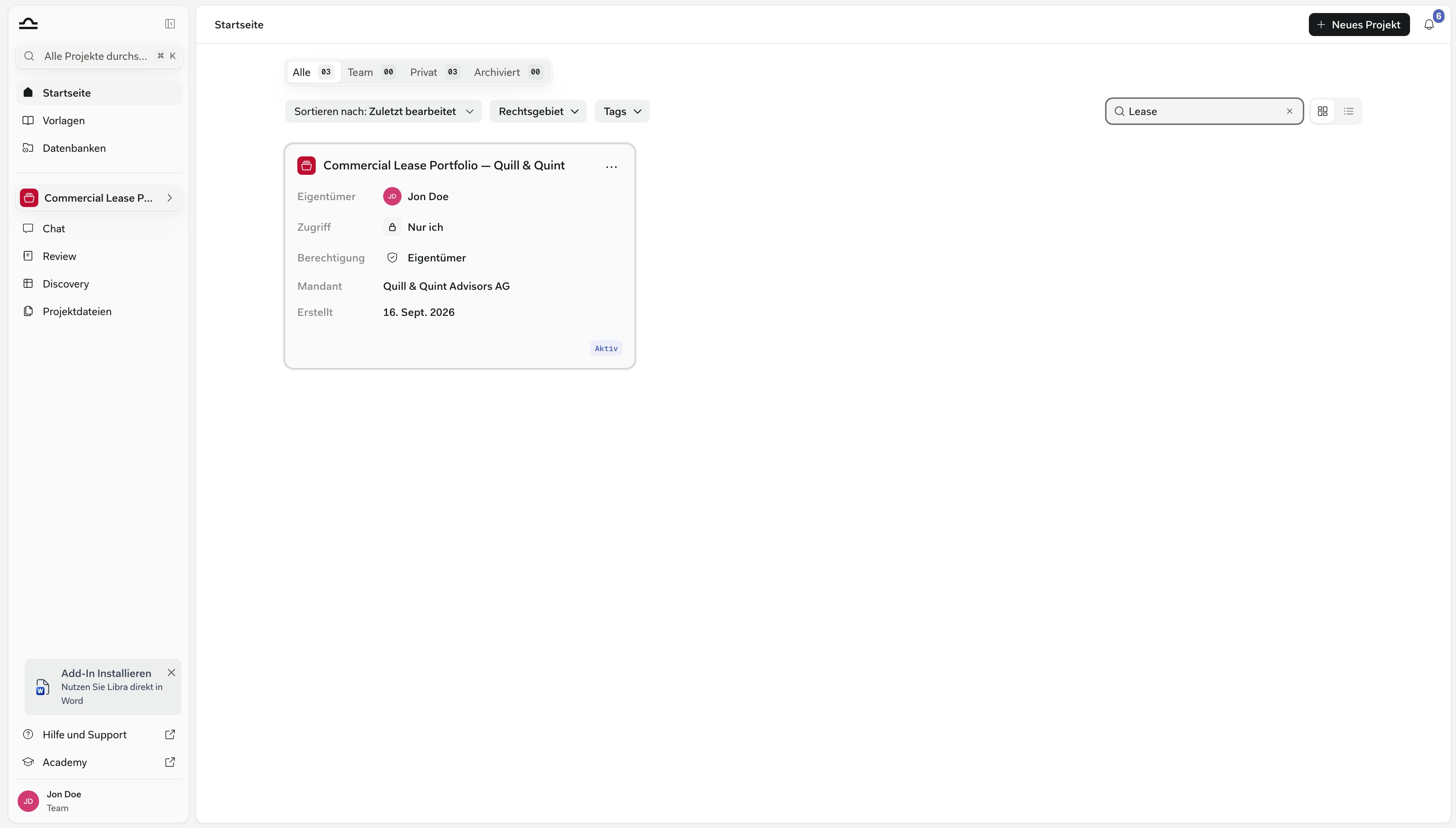Startseite mit einem in die Symbolleiste eingegebenen Suchbegriff, die Projektliste auf die passenden Projekte eingegrenzt